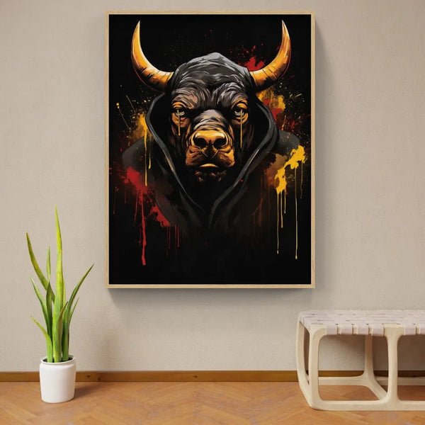 Touteladeco / Tableau Pop Art / Animaux / Taureau / Décoration Murale / Décoration de maison / Moderne / Taureau / Toile / Tableau / Restaurant / Decoration / Capuche / Gold