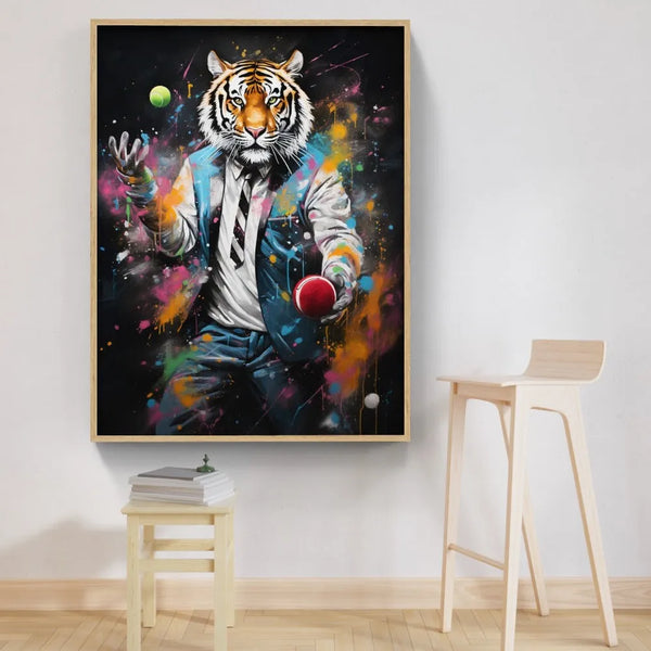 Touteladeco / Tableau Pop Art / Animaux / Décoration Murale / Décoration de maison / Moderne / Toile / Pop Art / Tigre / Felin / Costume / Jongle / Jongleur / Balle