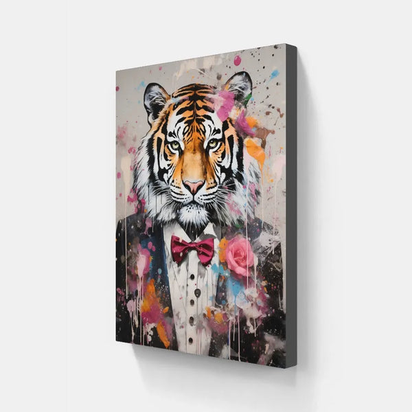 Touteladeco / Tableau Pop Art / Tigre / CIgare / Décoration Murale / Moderne / Toile / Tableau / Costume / Rose / Noeux Papillon