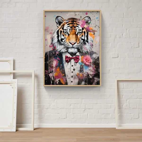 Touteladeco / Tableau Pop Art / Tigre / CIgare / Décoration Murale / Moderne / Toile / Tableau / Costume / Rose / Noeux Papillon