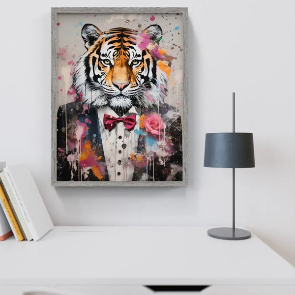 Touteladeco / Tableau Pop Art / Tigre / CIgare / Décoration Murale / Moderne / Toile / Tableau / Costume / Rose / Noeux Papillon