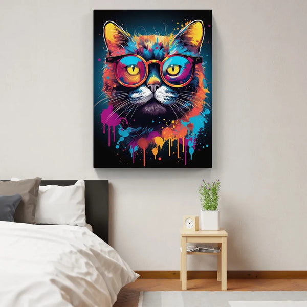 Touteladeco / Tableau Pop Art / Animaux / Chat / Décoration Murale / Décoration de maison / Moderne / Graffiti / Lunettes / Salon