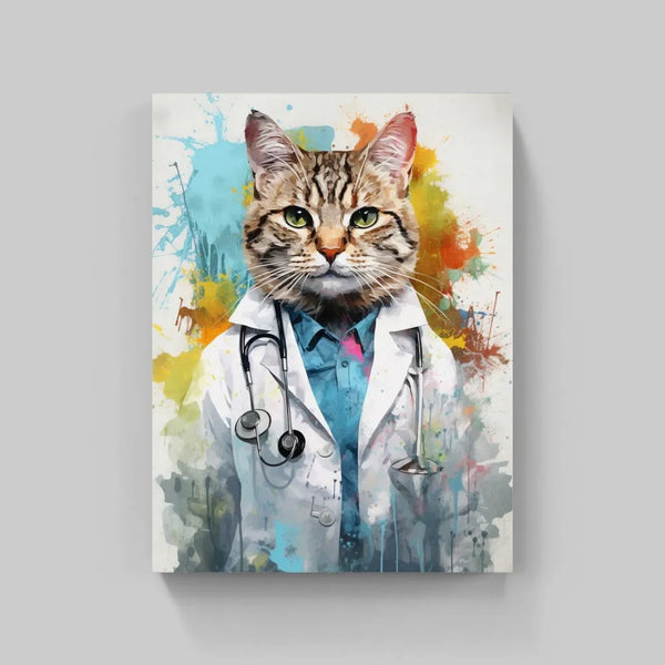 Touteladeco / Tableau Pop Art / Animaux / Chat / Décoration Murale / Décoration de maison / Moderne / Docteur / Doctoresse / Blouse / Medecin / Stethoscope