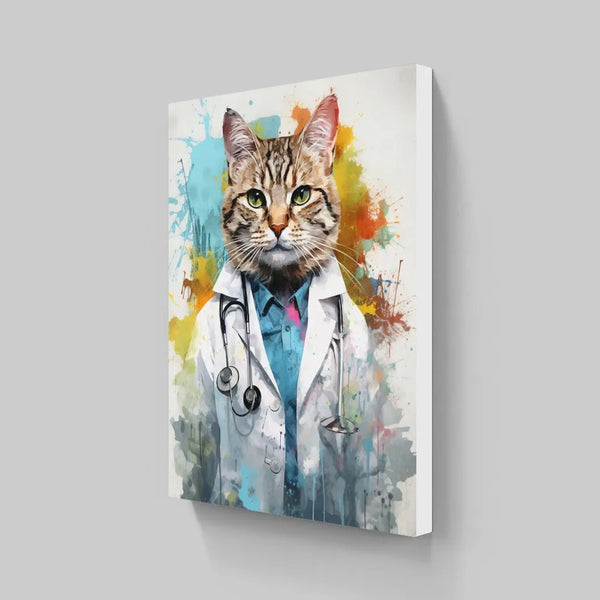 Touteladeco / Tableau Pop Art / Animaux / Chat / Décoration Murale / Décoration de maison / Moderne / Docteur / Doctoresse / Blouse / Medecin / Stethoscope