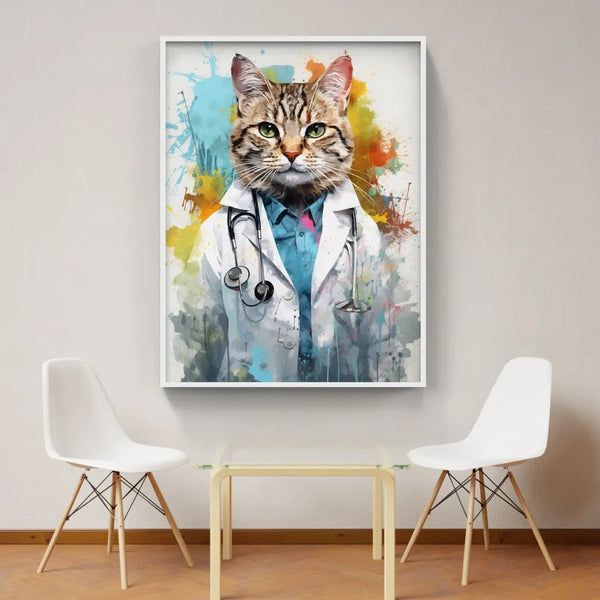 Touteladeco / Tableau Pop Art / Animaux / Chat / Décoration Murale / Décoration de maison / Moderne / Docteur / Doctoresse / Blouse / Medecin / Stethoscope