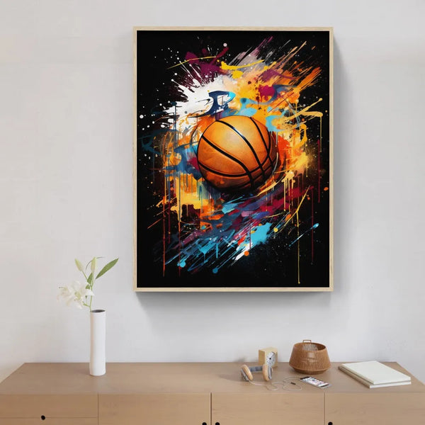 Touteladeco / Toile / Tableau / tableau basketball énergie / art sportif moderne / décoration murale basket / ballon de basket en action / peinture street art dynamique / explosion de couleurs / style graffiti contemporain / tableau sportif motivant / déco pour fan de basket / impression sur toile / ambiance urbaine et intense
