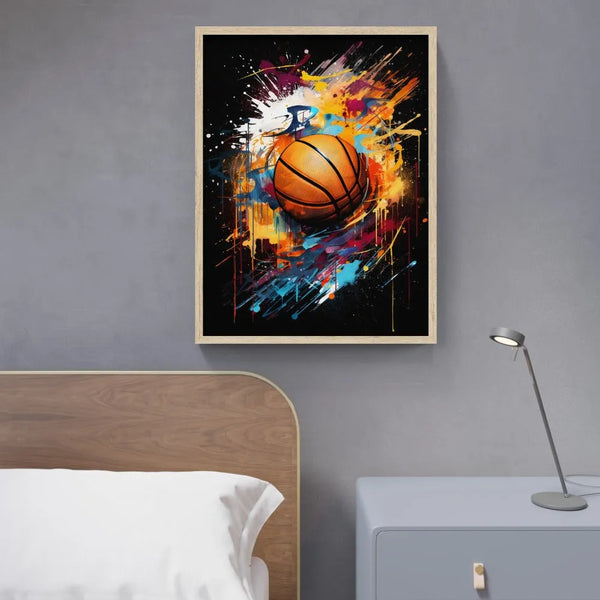 Touteladeco / Toile / Tableau / tableau basketball énergie / art sportif moderne / décoration murale basket / ballon de basket en action / peinture street art dynamique / explosion de couleurs / style graffiti contemporain / tableau sportif motivant / déco pour fan de basket / impression sur toile / ambiance urbaine et intense