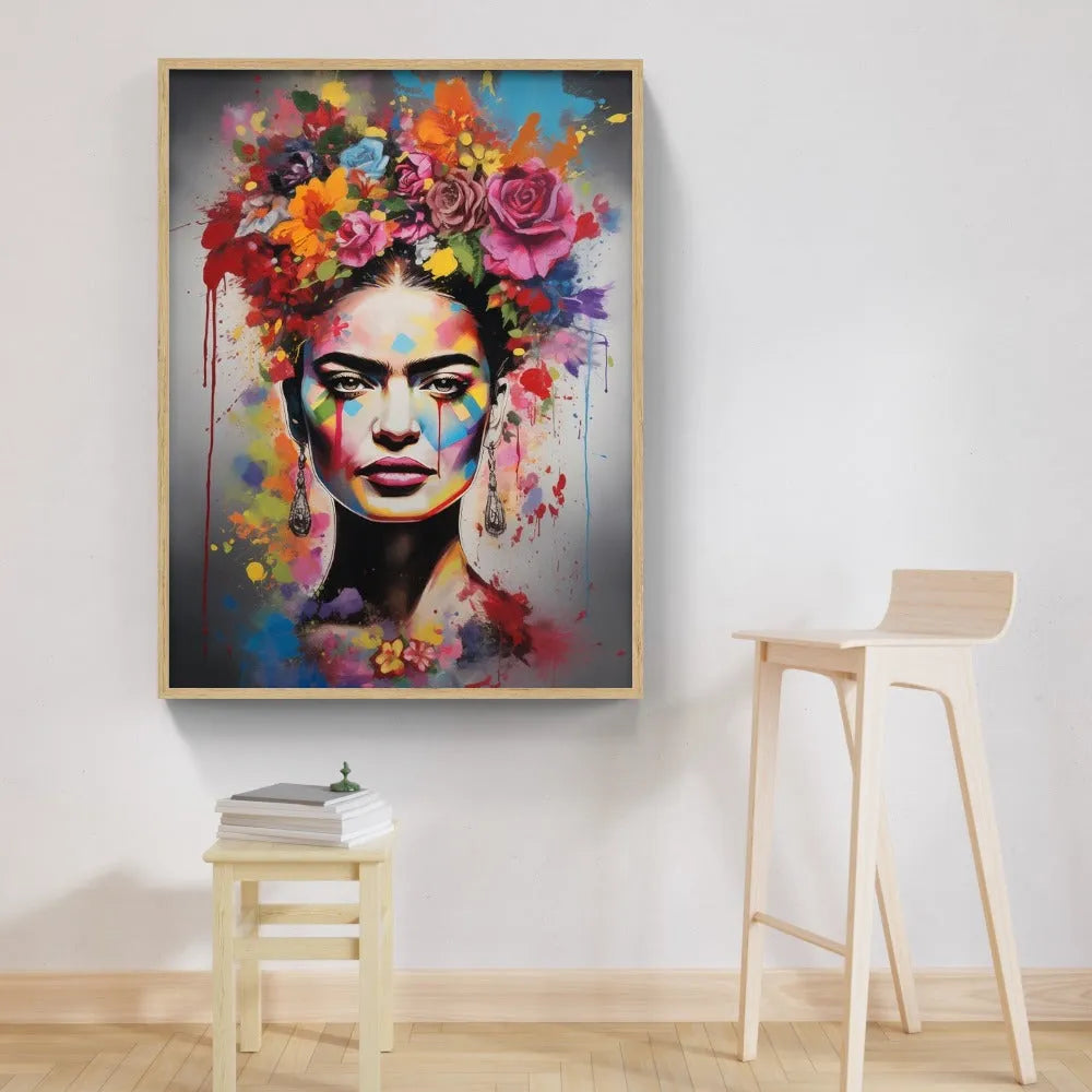 Touteladeco / Tableau Pop Art / Street Art / Girl Power / Grafiti / Décoration Murale / Décoration de maison / Moderne / Graffiti / Femme / Visage / Couleur / Fleurs / Frida Kahlo