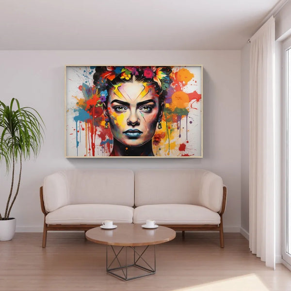 Touteladeco / Tableau Pop Art / Street Art / Girl Power / Grafiti / Décoration Murale / Décoration de maison / Moderne / Graffiti / Femme / Visage / Couleur / Fleurs / Frida Kahlo