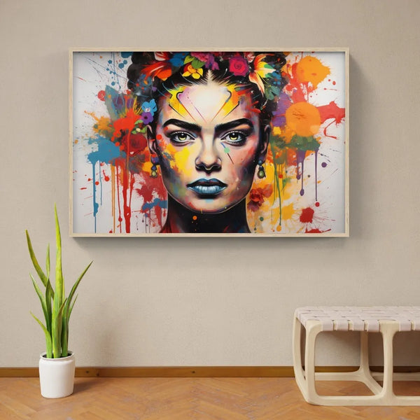 Touteladeco / Tableau Pop Art / Street Art / Girl Power / Grafiti / Décoration Murale / Décoration de maison / Moderne / Graffiti / Femme / Visage / Couleur / Fleurs / Frida Kahlo