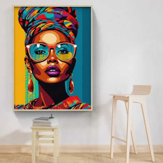 Touteladeco / Tableau Pop Art / Street Art / Girl Power / Décoration Murale / Décoration de maison / Moderne / Femme / Visage / Couleur / Afrique / African / Girl / Doré / Queen / Pop Art / Lunettes