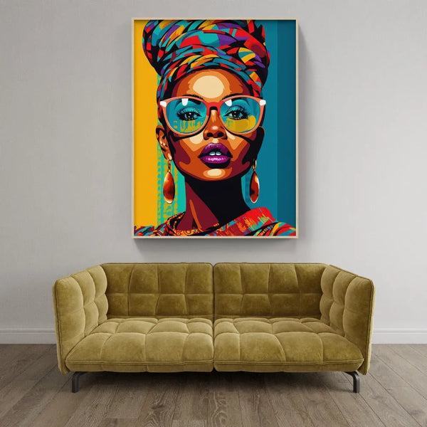 Touteladeco / Tableau Pop Art / Street Art / Girl Power / Décoration Murale / Décoration de maison / Moderne / Femme / Visage / Couleur / Afrique / African / Girl / Doré / Queen / Pop Art / Lunettes