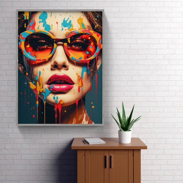 Touteladeco / Tableau Pop Art / Street Art / Girl Power / Grafiti / Décoration Murale / Décoration de maison / Moderne / Graffiti / Femme / Visage / Couleur / Fleurs / Pop Art / Lunettes / Regard