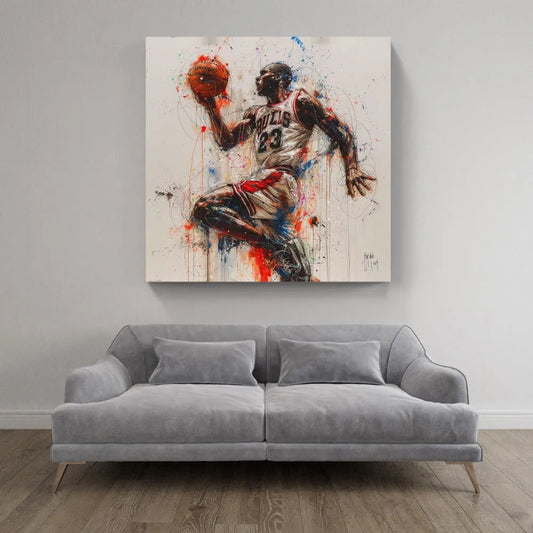 Touteladeco / toile / tableau / Patrice Murciano / Decoration Salon / Cadeau / Anniversaire / Decoration Murale / Sport / Baskets / MIchael Jordan / Air / Ballon