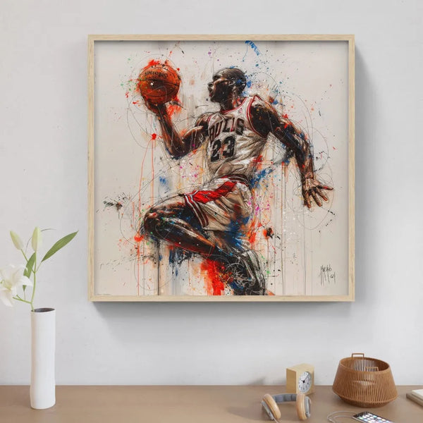 Touteladeco / toile / tableau / Patrice Murciano / Decoration Salon / Cadeau / Anniversaire / Decoration Murale / Sport / Baskets / MIchael Jordan / Air / Ballon