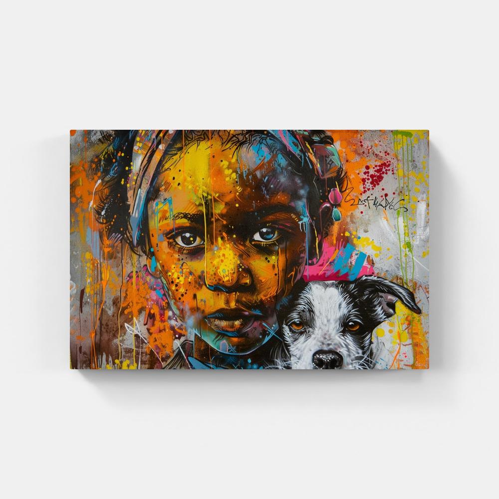 Touteladeco / Tableau Art / Banksy / Street Art / Enfant / Chien / African girl / Graffiti / Pop Art / Décoration Murale / Décoration de maison / Moderne / Toile / Cadeau
