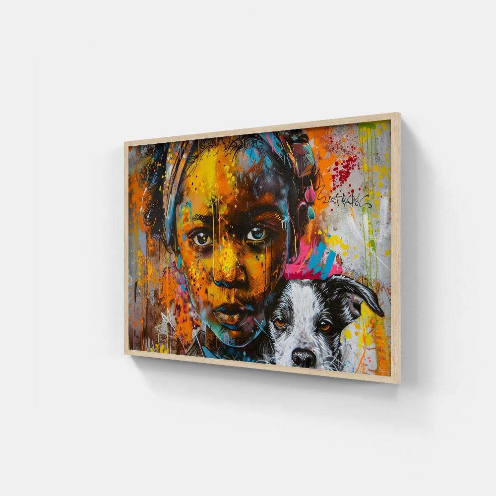 Touteladeco / Tableau Art / Banksy / Street Art / Enfant / Chien / African girl / Graffiti / Pop Art / Décoration Murale / Décoration de maison / Moderne / Toile / Cadeau