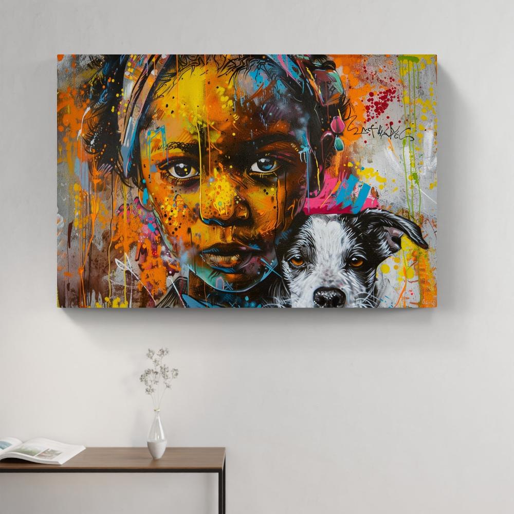 Touteladeco / Tableau Art / Banksy / Street Art / Enfant / Chien / African girl / Graffiti / Pop Art / Décoration Murale / Décoration de maison / Moderne / Toile / Cadeau