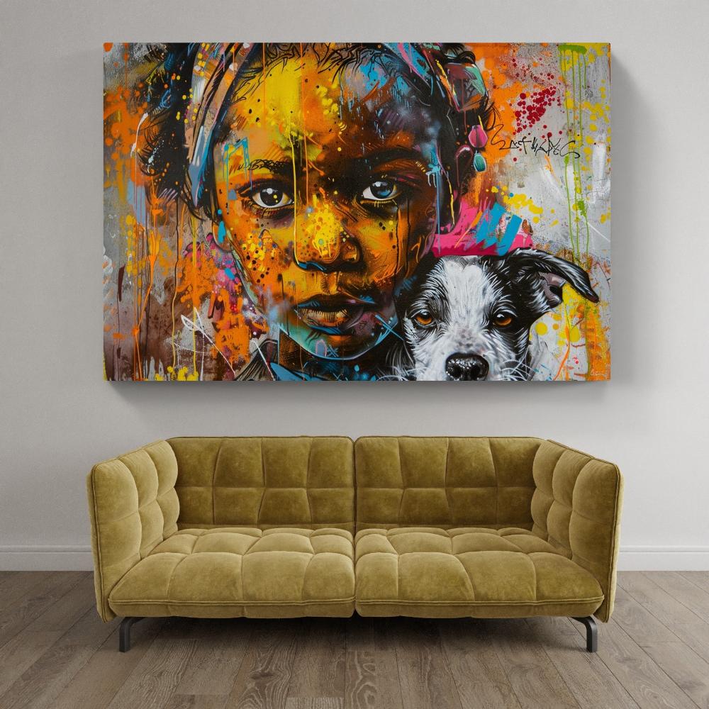Touteladeco / Tableau Art / Banksy / Street Art / Enfant / Chien / African girl / Graffiti / Pop Art / Décoration Murale / Décoration de maison / Moderne / Toile / Cadeau