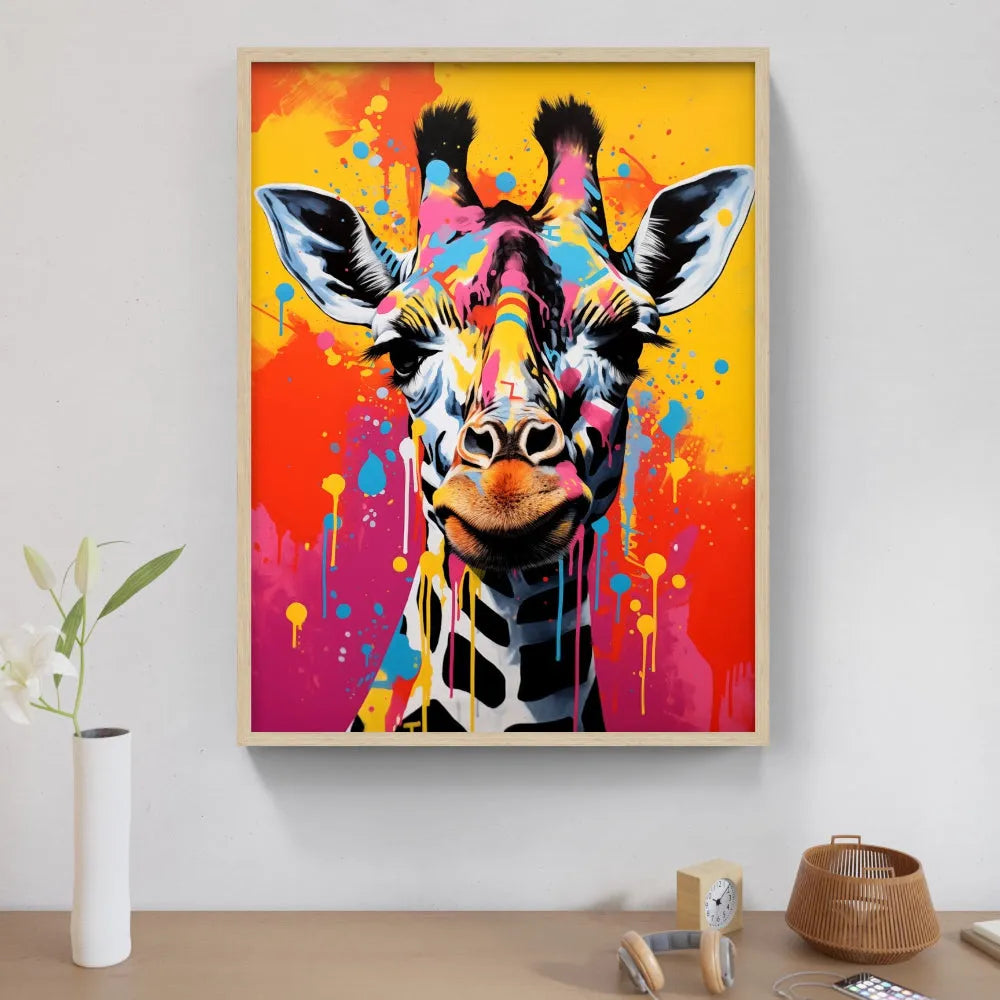 Touteladeco / toile / tableau / tableau girafe pop art / art animalier coloré / décoration murale fun / girafe stylisée multicolore / explosion de peinture / fond jaune et orange / style graffiti moderne / art urbain et ludique / tableau original et tendance / impression sur toile