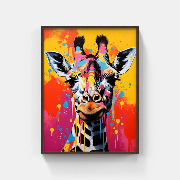 Touteladeco / toile / tableau / tableau girafe pop art / art animalier coloré / décoration murale fun / girafe stylisée multicolore / explosion de peinture / fond jaune et orange / style graffiti moderne / art urbain et ludique / tableau original et tendance / impression sur toile
