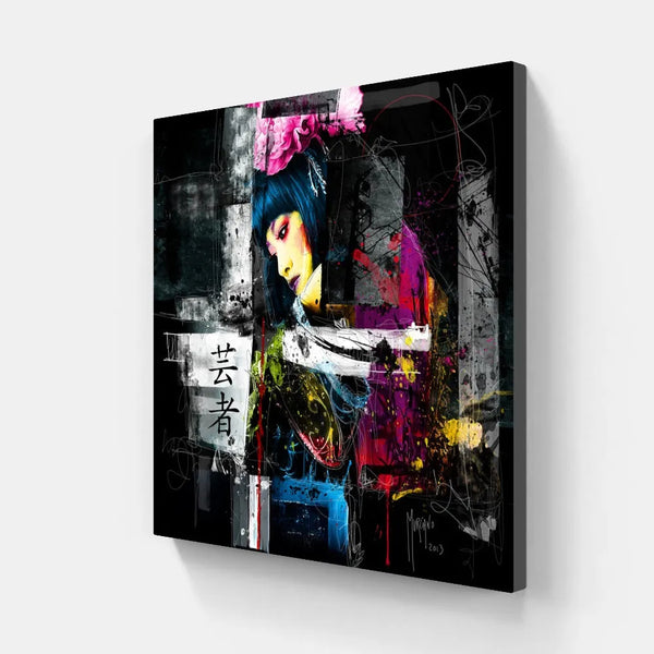 Touteladeco / Toile / tableau / Patrice Murciano / tableau tokyo black / portrait femme japonaise / art urbain contemporain / décoration murale asiatique / geisha moderne stylisée / peinture éclaboussée colorée / style street art élégant / calligraphie japonaise / impression sur toile / tableau artistique et expressif