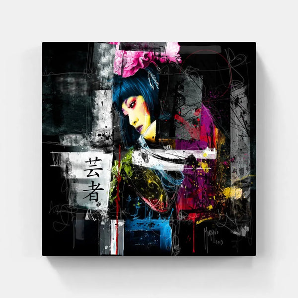 Touteladeco / Toile / tableau / Patrice Murciano / tableau tokyo black / portrait femme japonaise / art urbain contemporain / décoration murale asiatique / geisha moderne stylisée / peinture éclaboussée colorée / style street art élégant / calligraphie japonaise / impression sur toile / tableau artistique et expressif