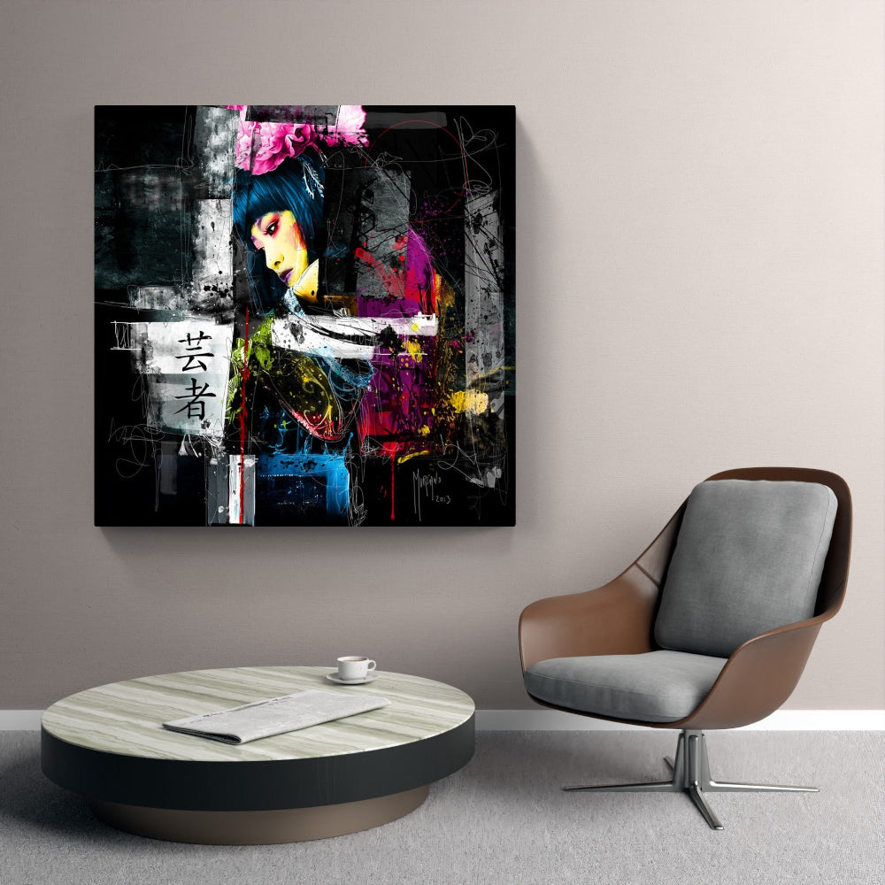 Touteladeco / Toile / tableau / Patrice Murciano / tableau tokyo black / portrait femme japonaise / art urbain contemporain / décoration murale asiatique / geisha moderne stylisée / peinture éclaboussée colorée / style street art élégant / calligraphie japonaise / impression sur toile / tableau artistique et expressif