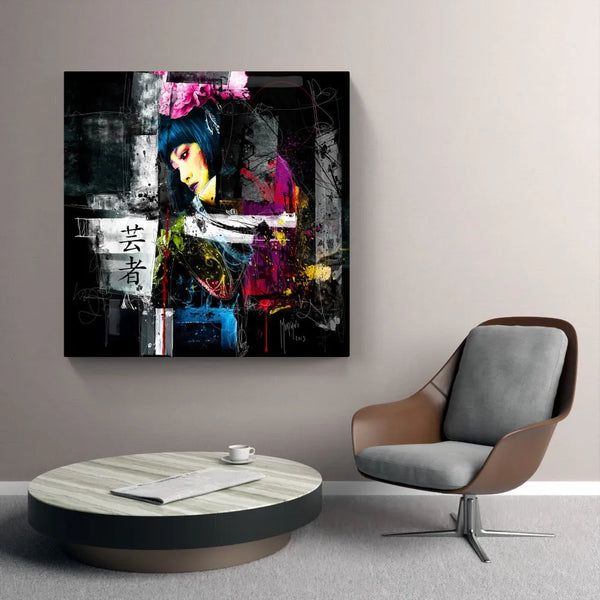 Touteladeco / Toile / tableau / Patrice Murciano / tableau tokyo black / portrait femme japonaise / art urbain contemporain / décoration murale asiatique / geisha moderne stylisée / peinture éclaboussée colorée / style street art élégant / calligraphie japonaise / impression sur toile / tableau artistique et expressif