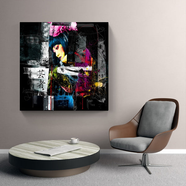 Touteladeco / Toile / tableau / Patrice Murciano / tableau tokyo black / portrait femme japonaise / art urbain contemporain / décoration murale asiatique / geisha moderne stylisée / peinture éclaboussée colorée / style street art élégant / calligraphie japonaise / impression sur toile / tableau artistique et expressif