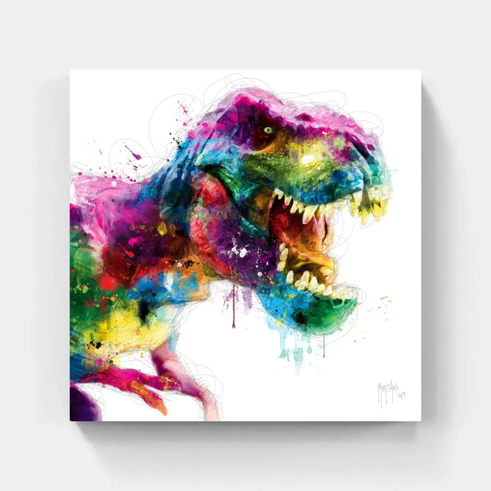 Touteladeco / toile / tableau / Patrice Murciano / tableau t-rex pop art / dinosaure coloré / art jurassique moderne / décoration murale originale / tyrannosaure multicolore / peinture éclaboussée vive / style graphique énergique / déco chambre enfant ou geek / impression sur toile / tableau préhistorique revisité