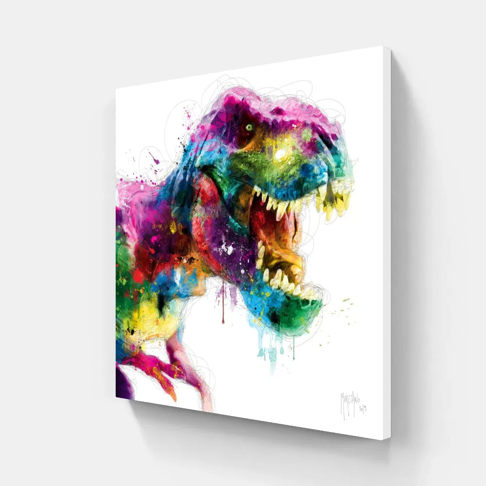 Touteladeco / toile / tableau / Patrice Murciano / tableau t-rex pop art / dinosaure coloré / art jurassique moderne / décoration murale originale / tyrannosaure multicolore / peinture éclaboussée vive / style graphique énergique / déco chambre enfant ou geek / impression sur toile / tableau préhistorique revisité