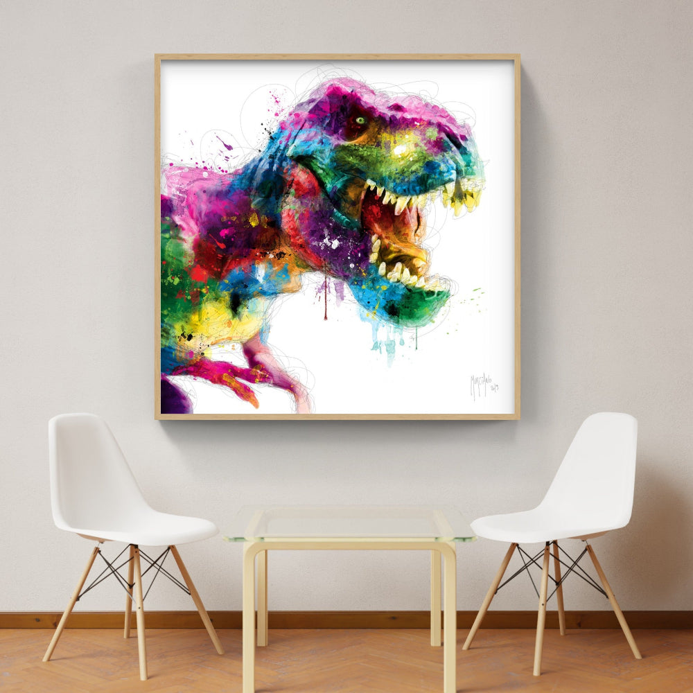 Touteladeco / toile / tableau / Patrice Murciano / tableau t-rex pop art / dinosaure coloré / art jurassique moderne / décoration murale originale / tyrannosaure multicolore / peinture éclaboussée vive / style graphique énergique / déco chambre enfant ou geek / impression sur toile / tableau préhistorique revisité