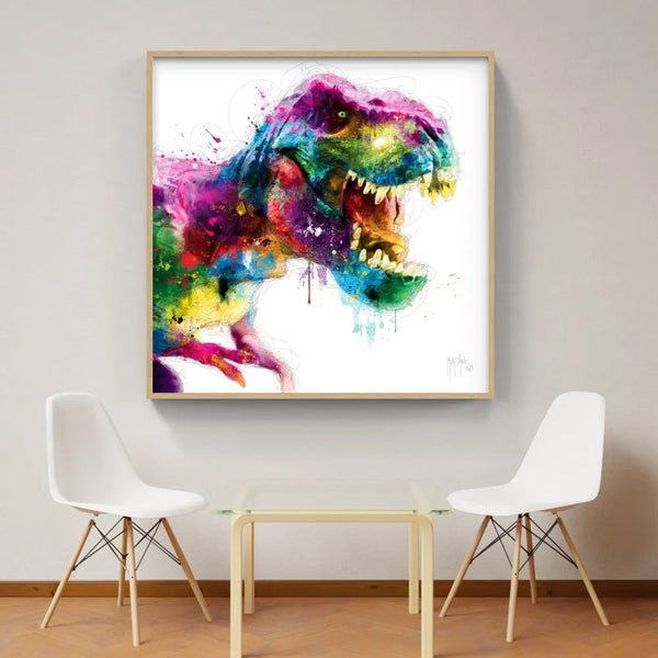 Touteladeco / toile / tableau / Patrice Murciano / tableau t-rex pop art / dinosaure coloré / art jurassique moderne / décoration murale originale / tyrannosaure multicolore / peinture éclaboussée vive / style graphique énergique / déco chambre enfant ou geek / impression sur toile / tableau préhistorique revisité