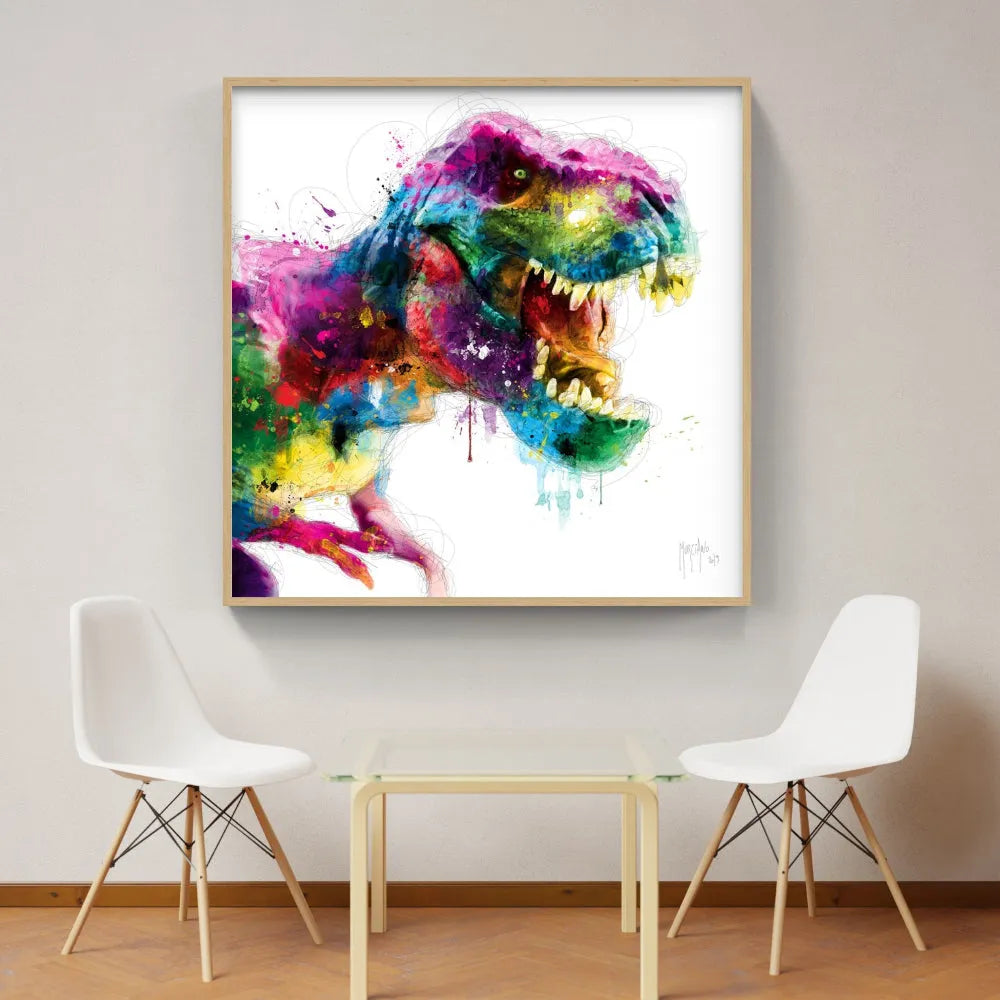 Touteladeco / toile / tableau / Patrice Murciano / tableau t-rex pop art / dinosaure coloré / art jurassique moderne / décoration murale originale / tyrannosaure multicolore / peinture éclaboussée vive / style graphique énergique / déco chambre enfant ou geek / impression sur toile / tableau préhistorique revisité