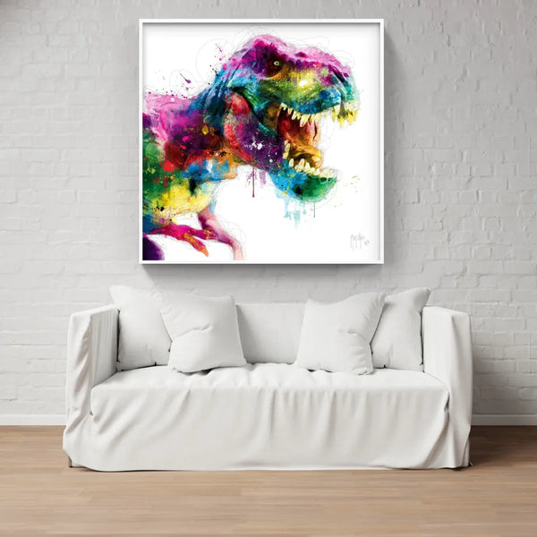 Touteladeco / toile / tableau / Patrice Murciano / tableau t-rex pop art / dinosaure coloré / art jurassique moderne / décoration murale originale / tyrannosaure multicolore / peinture éclaboussée vive / style graphique énergique / déco chambre enfant ou geek / impression sur toile / tableau préhistorique revisité