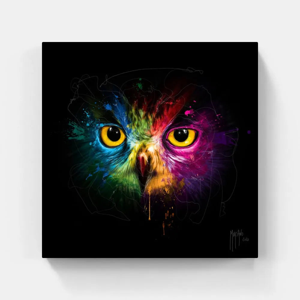 Toile / Tableau / touteladeco / Patrice Murciano / tableau hibou pop art / visage de hibou coloré / regard perçant d’oiseau / art animalier moderne / peinture éclaboussée multicolore / fond noir artistique / décoration murale vibrante / hibou stylisé en couleurs / impression sur toile / déco contemporaine et expressive