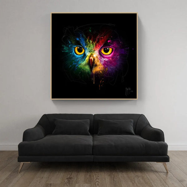 Toile / Tableau / touteladeco / Patrice Murciano / tableau hibou pop art / visage de hibou coloré / regard perçant d’oiseau / art animalier moderne / peinture éclaboussée multicolore / fond noir artistique / décoration murale vibrante / hibou stylisé en couleurs / impression sur toile / déco contemporaine et expressive