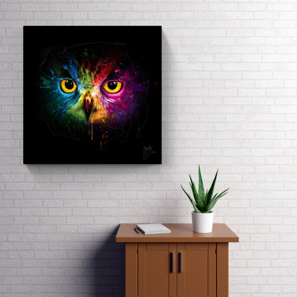 Toile / Tableau / touteladeco / Patrice Murciano / tableau hibou pop art / visage de hibou coloré / regard perçant d’oiseau / art animalier moderne / peinture éclaboussée multicolore / fond noir artistique / décoration murale vibrante / hibou stylisé en couleurs / impression sur toile / déco contemporaine et expressive