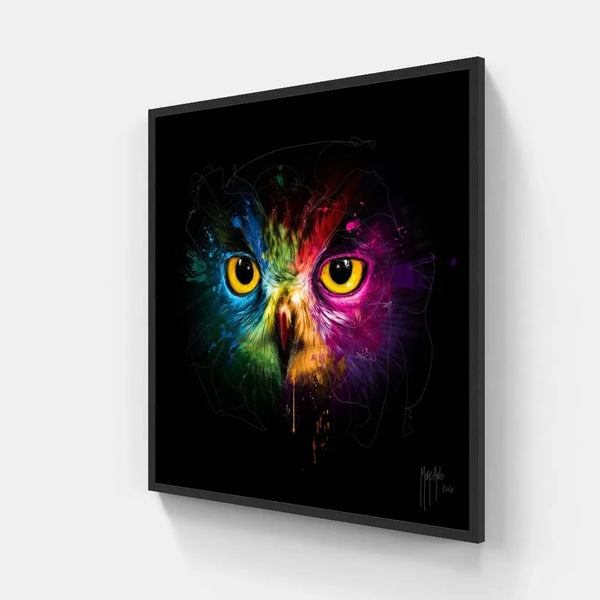 Toile / Tableau / touteladeco / Patrice Murciano / tableau hibou pop art / visage de hibou coloré / regard perçant d’oiseau / art animalier moderne / peinture éclaboussée multicolore / fond noir artistique / décoration murale vibrante / hibou stylisé en couleurs / impression sur toile / déco contemporaine et expressive