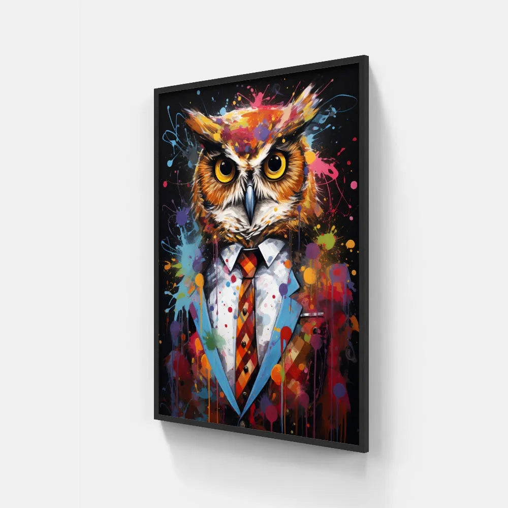 Touteladeco / Toile / Tableau / tableau hibou pop art / hibou en costume / art animalier moderne / décoration murale originale / peinture éclaboussée colorée / style street art décalé / oiseau stylisé en habit / déco chic et fun / impression sur toile / tableau expressif et créatif