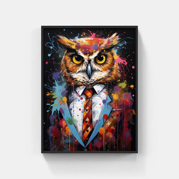 Touteladeco / Toile / Tableau / tableau hibou pop art / hibou en costume / art animalier moderne / décoration murale originale / peinture éclaboussée colorée / style street art décalé / oiseau stylisé en habit / déco chic et fun / impression sur toile / tableau expressif et créatif