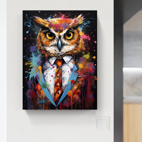 Touteladeco / Toile / Tableau / tableau hibou pop art / hibou en costume / art animalier moderne / décoration murale originale / peinture éclaboussée colorée / style street art décalé / oiseau stylisé en habit / déco chic et fun / impression sur toile / tableau expressif et créatif
