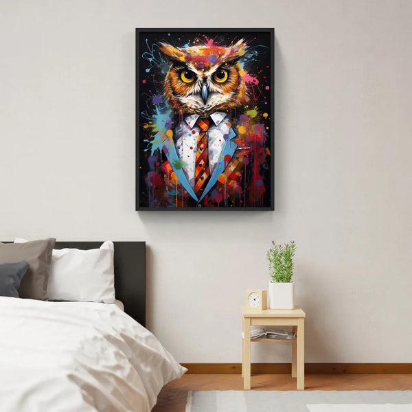 Touteladeco / Toile / Tableau / tableau hibou pop art / hibou en costume / art animalier moderne / décoration murale originale / peinture éclaboussée colorée / style street art décalé / oiseau stylisé en habit / déco chic et fun / impression sur toile / tableau expressif et créatif