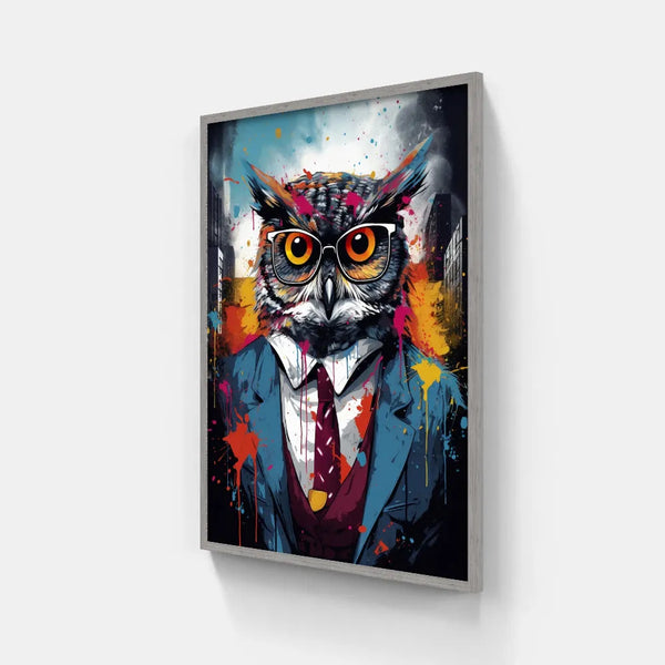 Touteladeco / toile / tableau / tableau hibou en costume / hibou avec lunettes / art animalier urbain / décoration murale originale / peinture pop art colorée / style street art chic / oiseau stylisé en habit / déco moderne et décalée / impression sur toile / tableau expressif et intelligent