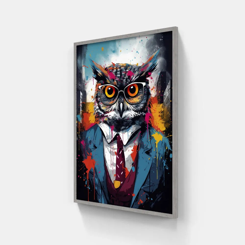 Touteladeco / toile / tableau / tableau hibou en costume / hibou avec lunettes / art animalier urbain / décoration murale originale / peinture pop art colorée / style street art chic / oiseau stylisé en habit / déco moderne et décalée / impression sur toile / tableau expressif et intelligent