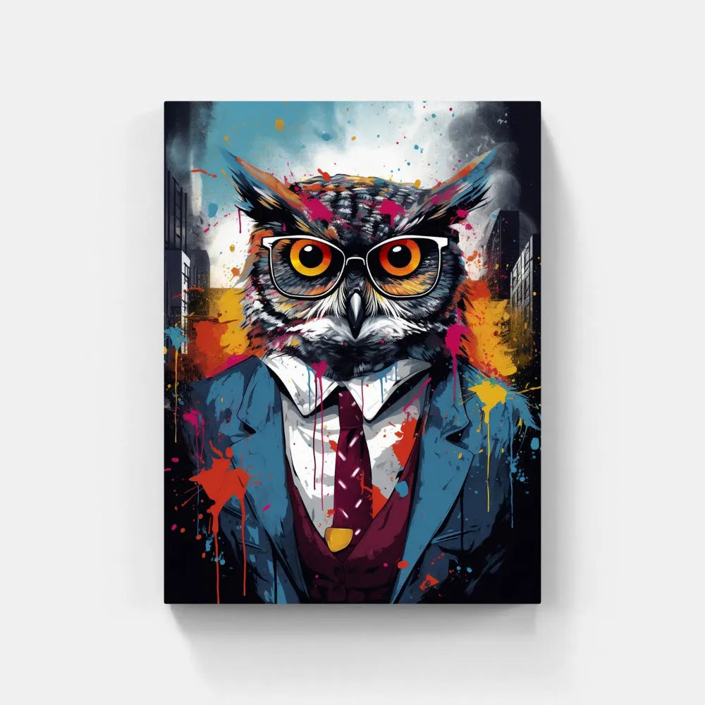 Touteladeco / toile / tableau / tableau hibou en costume / hibou avec lunettes / art animalier urbain / décoration murale originale / peinture pop art colorée / style street art chic / oiseau stylisé en habit / déco moderne et décalée / impression sur toile / tableau expressif et intelligent