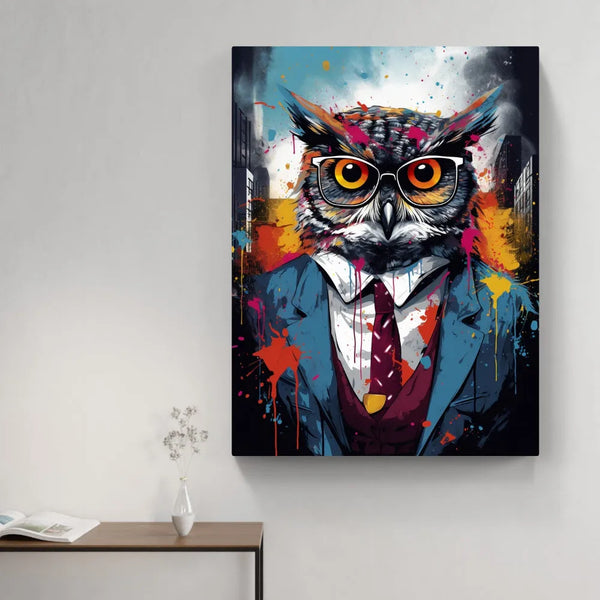 Touteladeco / toile / tableau / tableau hibou en costume / hibou avec lunettes / art animalier urbain / décoration murale originale / peinture pop art colorée / style street art chic / oiseau stylisé en habit / déco moderne et décalée / impression sur toile / tableau expressif et intelligent