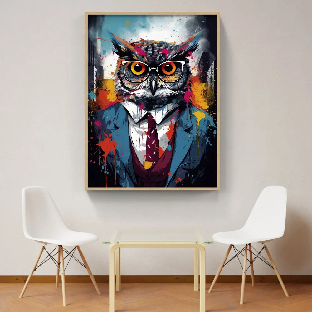 Touteladeco / toile / tableau / tableau hibou en costume / hibou avec lunettes / art animalier urbain / décoration murale originale / peinture pop art colorée / style street art chic / oiseau stylisé en habit / déco moderne et décalée / impression sur toile / tableau expressif et intelligent