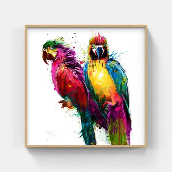 Touteladeco / toile / tableau / Patrice Murciano / tableau perroquets tropicaux / art animalier coloré / décoration murale exotique / perroquets multicolores / style pop art moderne / peinture éclaboussée vive / aras stylisés / ambiance tropicale et joyeuse / impression sur toile / déco vibrante et expressive